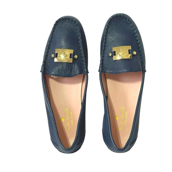 Kate Spade Women’s Carmen Navy Blue Leather Slip On Drive Loafer Gold Logo 7.5 M - Picture 2 of 10